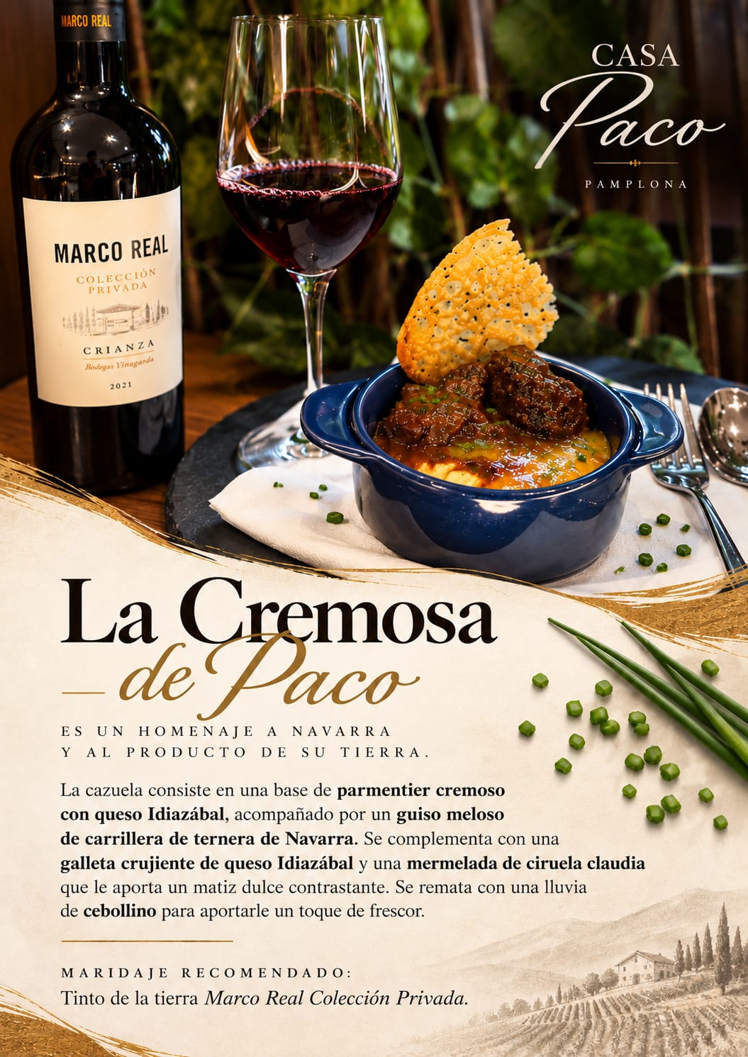 La Cremosa de Paco, cazuela de carrillera de ternera, queso Idiazábal y parmentier